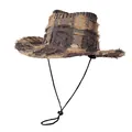 Vintage western cowboy hat with plaid patches, distressed tassels and black chin strap - M(56-58cm) / Brown