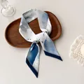 Elegant blue and white gradient silk skinny scarf with bird print on wooden tray - Blue White Gradient Bird (Z-26)