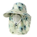 Detail view of beige sun hat with blue floral print, wide brim and neck protection flap - M / Fresh Green