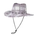 Dettaglio del cappello da cowboy a quadri viola con bordi sfrangiati e cuciture incrociate - M(56-58cm) / Taro