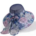 Detail of elegant sun hat showing blue mesh crown, floral brim, and large decorative bow - M(56-58cm) / Navy Blue