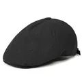 Side view of retro black cotton linen flat cap showing breathable texture and adjustment buckle - M (56-58cm) / Black