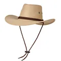 Primer plano del sombrero de vaquero con ala ancha y ribete de cuero trenzado elegante - M (56-58cm) / Beige