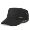 Modern black cotton canvas flat top military cap with outdoor style metal badges - Adjustable / Black