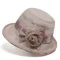 Elegante taupe organza zonnehoed voor dames met bloemendecoratie en bedrukt lint - M (56-58cm) / Khaki