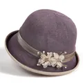Elegant purple knitted sun hat for women with floral ribbon and pearl accents - M (56-58cm) / Taro