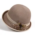 Brown hand-knit sun hat with elegant floral wire decoration and beige ribbon trim - M (56-58cm) / Khaki