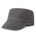 Close-up of a dark grey flat top cap featuring metal eyelets and outdoor style badges - Adjustable / Gray