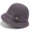 Elegant purple breathable knit cloche hat for women featuring a floral pearl and rhinestone accent - M (56-58cm) / Taro