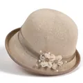 Detailed view of beige sun hat featuring 3D floral accents with pearls and rhinestones - M (56-58cm) / Beige
