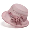 Detail van roze organza zonnehoed met bloemenborduurwerk en een grote mesh roos detail - M (56-58cm) / Roze