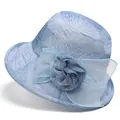 Detailed view of light blue sun hat with white feather patterns and floral fabric decoration - M / Blue