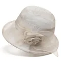 Detail of elegant sun hat with textured leaf patterns and a 3D tulle flower ornament - M / Beige