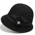 Detailed view of black breathable sun hat with elegant pearl and rhinestone flower accent - M (56-58cm) / Black