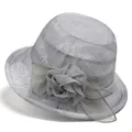 Detail of light gray sun hat with floral jacquard texture and ribbon rose ornament - M / Gray