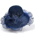 Close-up of elegant navy sun hat with breathable weave and organza floral detail - M (56-58cm) / Navy Blue