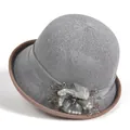 Detail of grey knitted sun hat featuring floral lace applique and elegant pearl accents - M / Gray