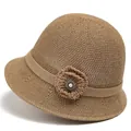 Detail of breathable hollow-knit sun hat with decorative pearl flower for women - M (56-58cm) / Khaki