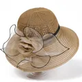 Detail of elegant summer sun hat with organza floral ornament and pearl accent - M / Khaki