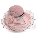 Detail of elegant pink sun hat with organza flower and breathable woven mesh fabric - M (56-58cm) / Pink
