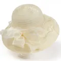 Detailed view of women's organza sun hat with large floral bow and pearl accents - M / Beige