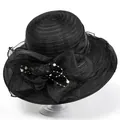 Detail of elegant black organza hat featuring mesh floral décor and pearl bead fringe - M / Black
