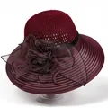 Detailed macro view of burgundy sun hat with organza flower and pearl accent - M / Burgundy