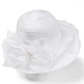 Detail of white organza sun hat with large floral petals and pearl center accents - M / White
