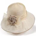 Detail of elegant champagne sun hat with spiral ribbon texture and organza flower - M(56-58cm) / Beige