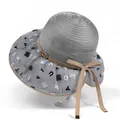 Detail of grey organza sun hat with ribbon bow and gold LOVE buckle on a stand - M (56-58cm) / Gray