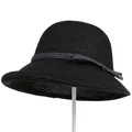 Detail of black woven sun hat with vintage cloche style and gray bow ribbon detail - M(56-58cm) / Black