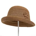 Detail of a brown woven bucket hat featuring an elegant knit flower side decoration - M / Khaki