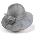 Detailed view of elegant grey organza sun hat with large floral and bow decoration - M(56-58cm) / Gray