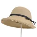 Detailed weave of a vintage straw sun hat with elegant black ribbon bow decoration - M(56-58cm) / Beige