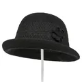 Close-up of elegant black crocheted cloche hat with detailed flower accent and woven texture - M / Black