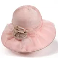 Detail of light pink organza sun hat with elegant fabric rose and pearl accents - M(56-58cm) / Pink
