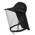Detail of outdoor sun hat featuring fine anti-mosquito mesh and wide protective neck flap - Black