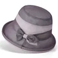 Detail of elegant grey sun hat featuring a sheer mesh fabric and decorative bow tie - M (56-58cm) / Purple