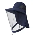 Detail of outdoor sun hat featuring protective mesh netting and wide brim in navy blue - Navy Blue