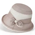 Detail of elegant sun hat for elderly women with chic bow and breathable woven texture - M (56-58cm) / Khaki