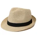 Detail van de geweven textuur en het zwarte lint op deze beige zomerse Panama-hoed - M / Beige