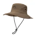 Detail view of coffee-colored outdoor sun hat with breathable mesh and mountain graphic print - M (56-58cm) / Coffee