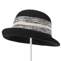 Detail of black knitted bucket hat with striped texture and elegant curved brim - M / Black