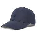 Detail shot of navy blue quick-dry fabric and shield embroidery on the baseball cap - Adjustable / Navy Blue