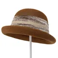 Detailed texture of brown knitted bucket hat with striped accent and rolled brim design - M / Caramel color