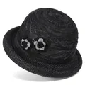 Close-up of black breathable woven sun hat featuring elegant side knit flower accents - M(56-58cm) / Black
