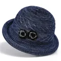 Detail of navy blue knit sun hat featuring delicate crochet flowers and woven texture - M(56-58cm) / Navy Blue