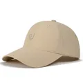 Detailed view of the embroidered shield logo and quick-dry fabric on this beige cap - Adjustable / Khaki