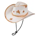 White western cowboy straw hat with brown stars and adjustable windproof chin strap - M / White