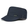 Detail of navy blue cotton cadet cap with metal brand plate and breathable eyelets - Adjustable / Navy Blue